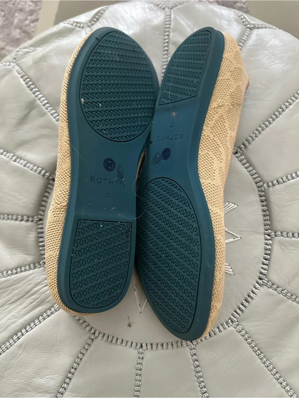 Rothy's Sahara Gold Giraffe print Knit Pointed Toe Flats with Blue Trim
